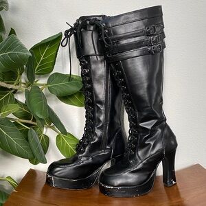 T.U.K Black Lace-Up High Platform Boots